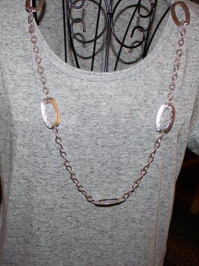 Long Silver Tone Textured Oval Station Necklace Bohemian Layering 38 Inch Chain